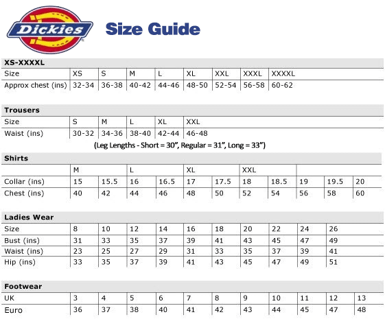 Bizweld Overalls Size Chart