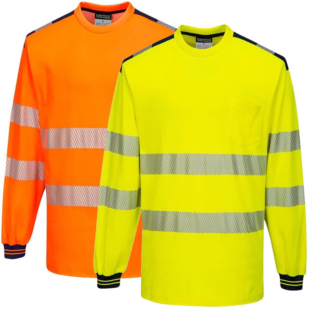 Orange Yellow PW3 Hi-Vis T-Shirt Long Sleeved Reflective Portwest T185 